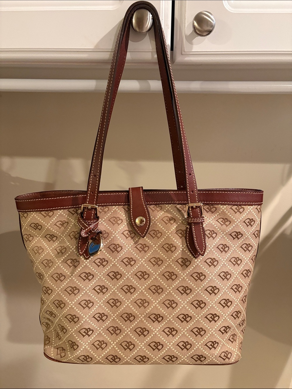 Dooney & Bourke Beige and Brown Signature Logo Tote with Charm